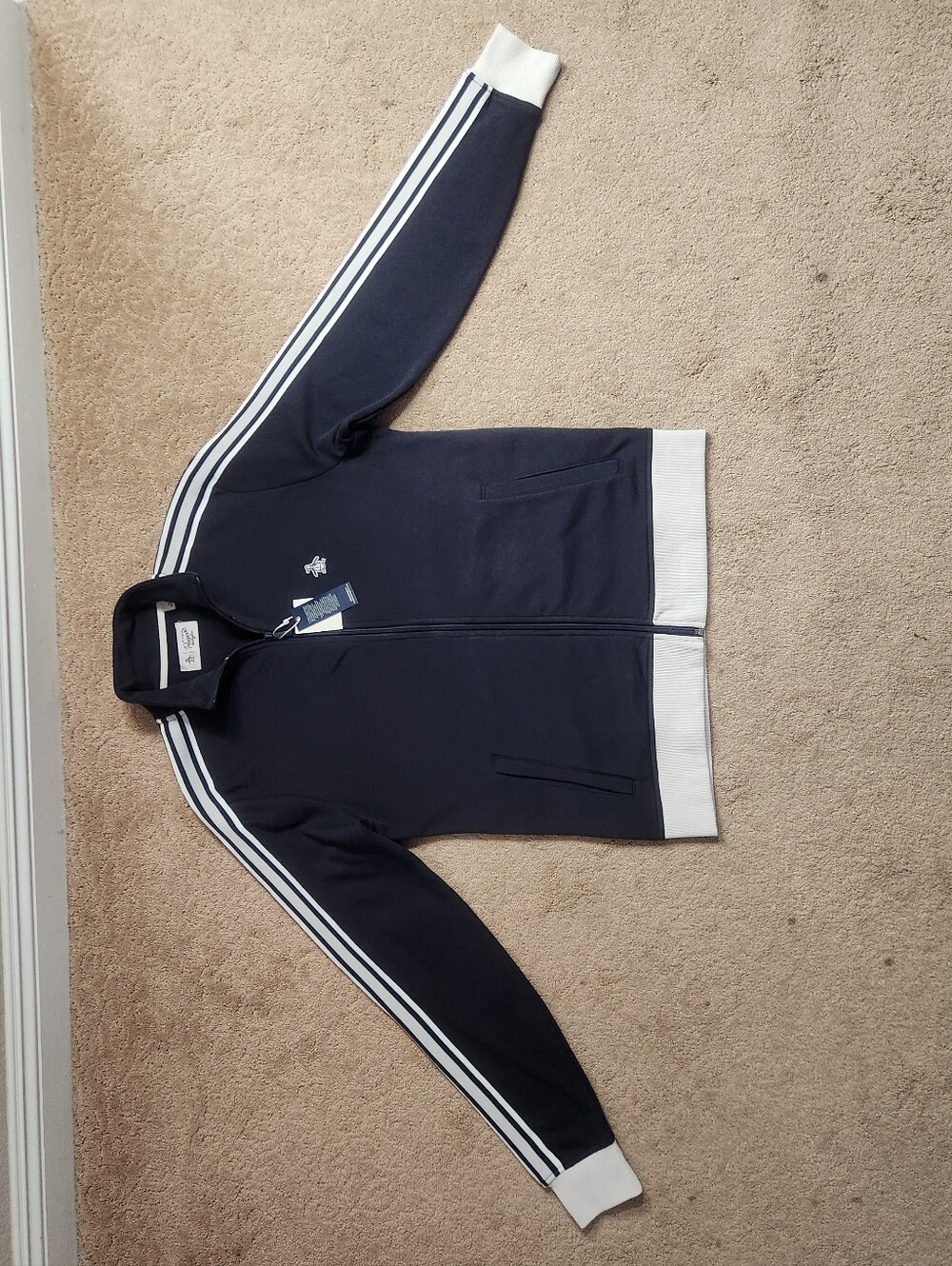 Original Penguin Navy Zip-Up Fleece Track Jacket with White Trim Size:Medium NWT